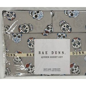 New Rae Dunn 4 Piece Queen Sheet Set Gray with Halloween Sugar Skull Print